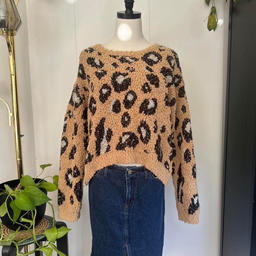 Freshman 1996 Leopard Print Sweater Cropped High Low Brown Black Large
